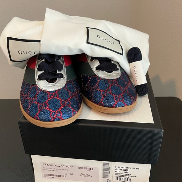 Men’s Gucci 'Falacer Lurex Web' sneaker in blue and red - Picture 6 of 8